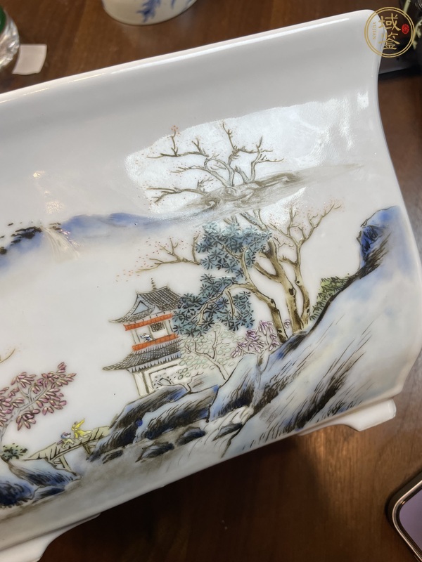 古玩陶瓷粉彩山水花鳥(niǎo)四方花盆真品鑒賞圖