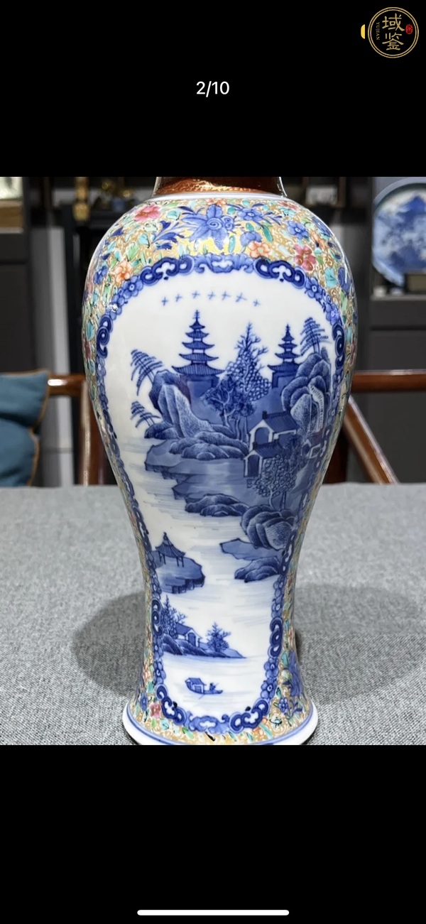 古玩陶瓷山水紋青花加彩雞腿蓋瓶真品鑒賞圖