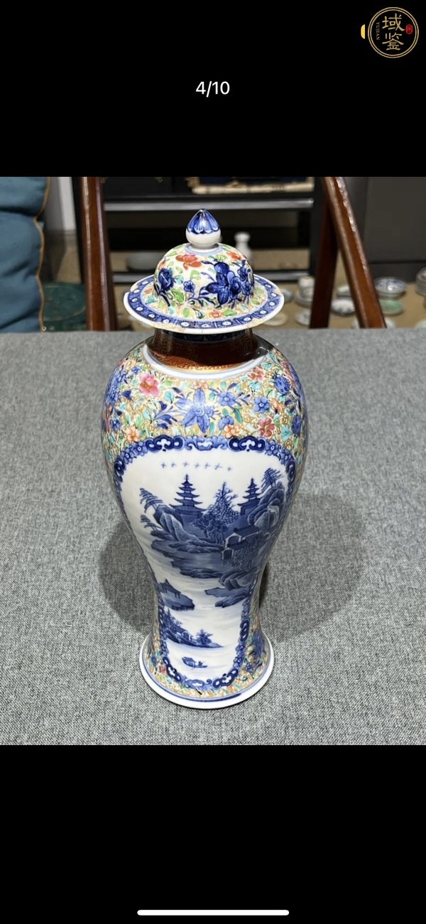古玩陶瓷山水紋青花加彩雞腿蓋瓶真品鑒賞圖