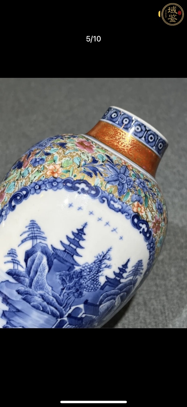 古玩陶瓷山水紋青花加彩雞腿蓋瓶真品鑒賞圖