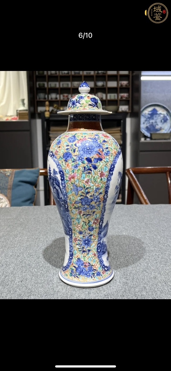 古玩陶瓷山水紋青花加彩雞腿蓋瓶真品鑒賞圖