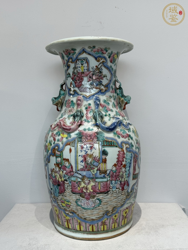古玩粉彩人物故事紋雙耳瓶真品鑒賞圖