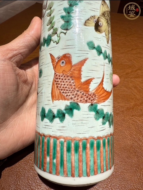 古玩陶瓷五彩魚藻紋箭筒真品鑒賞圖