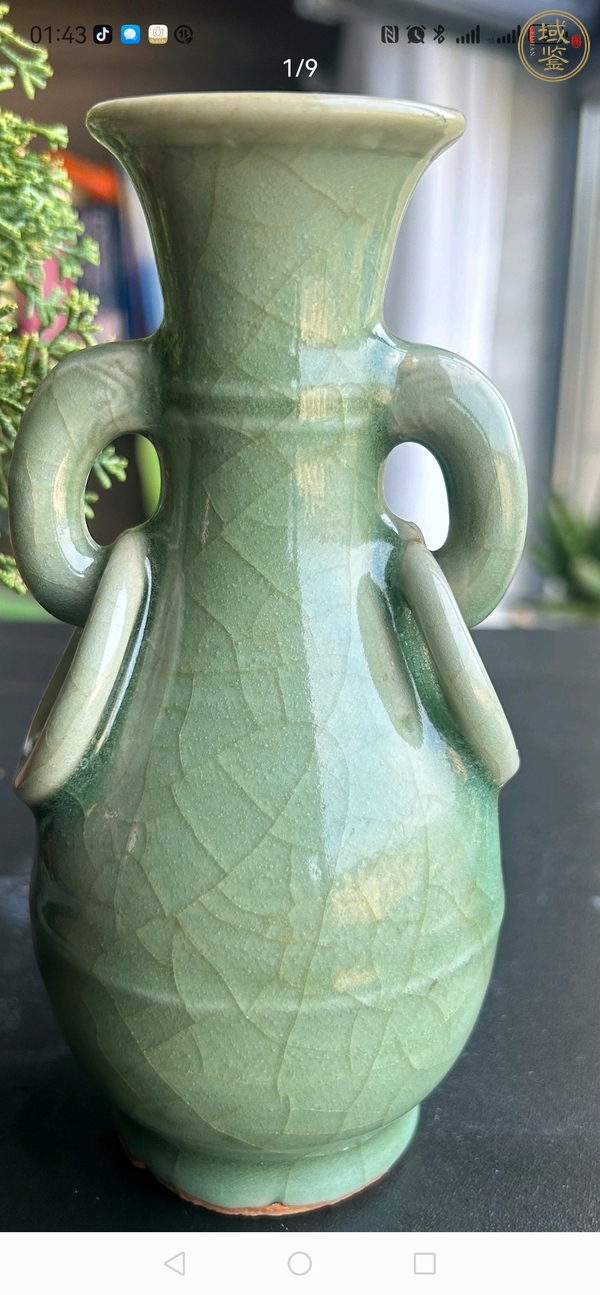 古玩陶瓷龍泉青釉雙耳瓶真品鑒賞圖