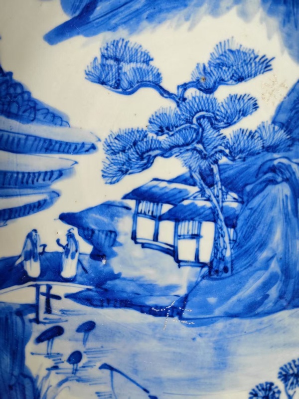 古玩陶瓷清中晚期青花山水人物紋盤拍賣，當前價格6666元