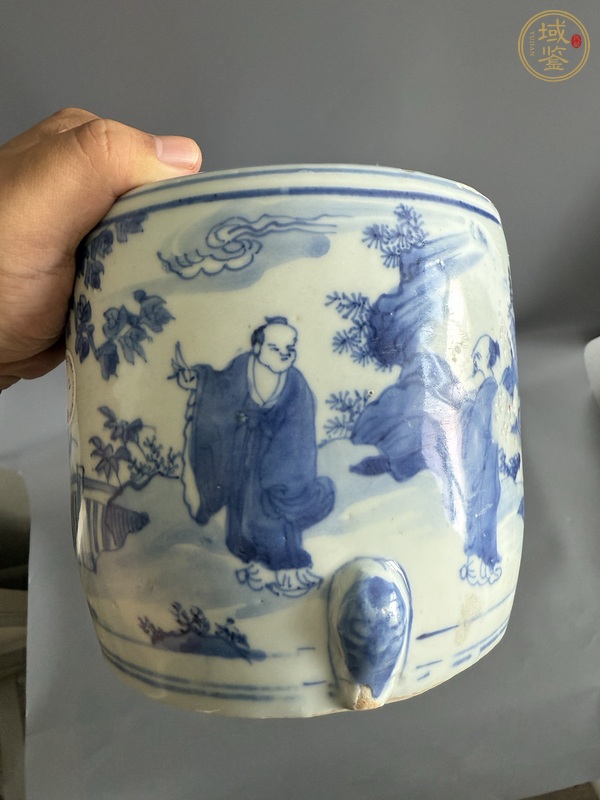 古玩陶瓷明天啟青花山水高士圖三足爐真品鑒賞圖
