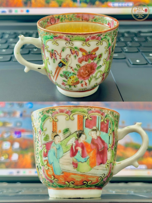 古玩陶瓷人物花鳥(niǎo)蝶紋廣彩執(zhí)杯真品鑒賞圖