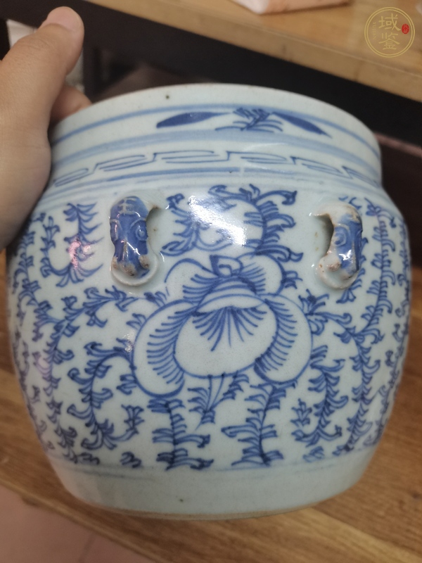 古玩陶瓷青花淡描花卉紋粥罐真品鑒賞圖