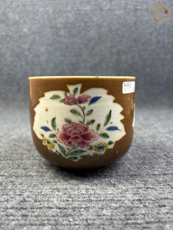 古玩陶瓷紫金釉開(kāi)窗粉彩花卉紋缸真品鑒賞圖