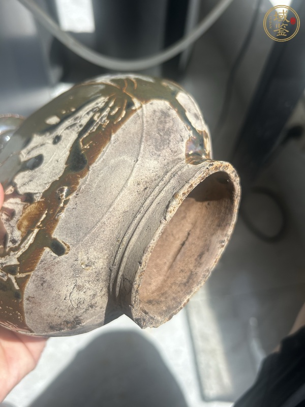古玩陶瓷耀州窯紫金釉樹(shù)葉紋穿帶扁壺真品鑒賞圖