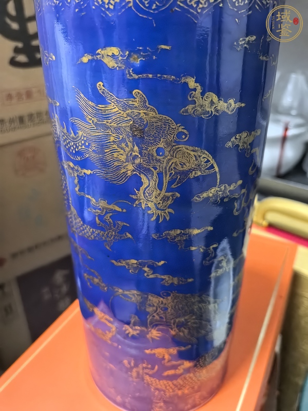 古玩陶瓷藍釉描金龍紋帽筒真品鑒賞圖
