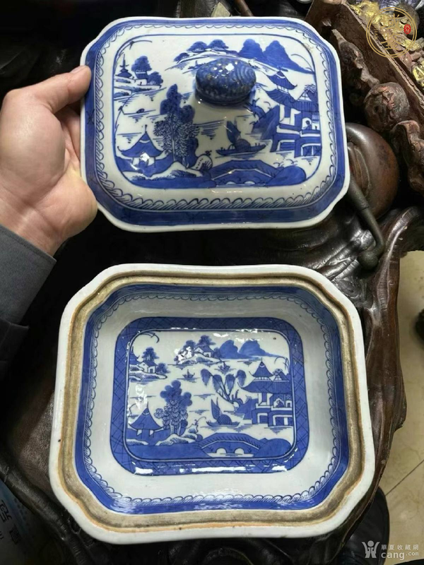古玩陶瓷青花山水紋蓋缸真品鑒賞圖