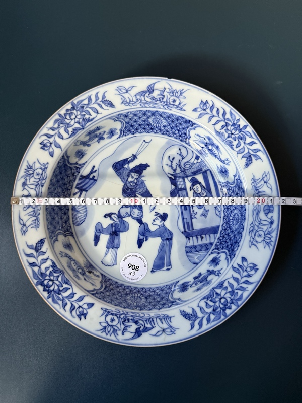 古玩陶瓷清·康熙人物故事草堂驚夢細路青花折沿盤拍賣,當前價格1900元