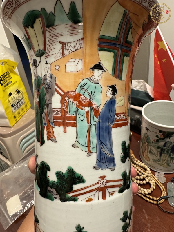 古玩陶瓷五彩人物故事紋花觚真品鑒賞圖