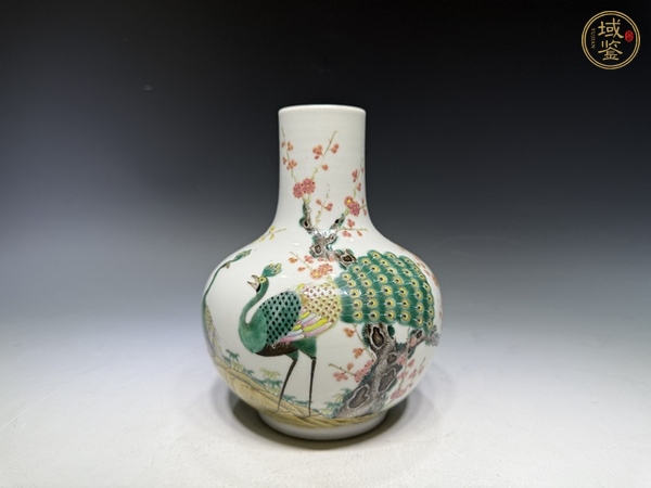 古玩清末民初·粉彩孔雀梅花紋天球瓶真品鑒賞圖