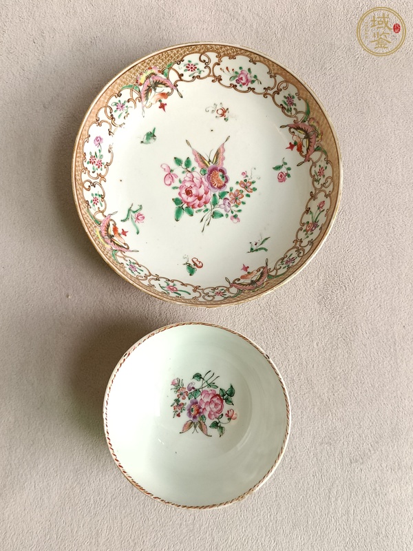 古玩陶瓷廣彩花卉紋杯碟真品鑒賞圖