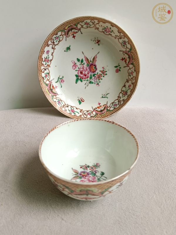 古玩陶瓷廣彩花卉紋杯碟真品鑒賞圖