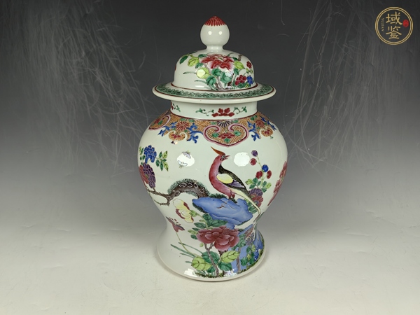 古玩陶瓷晚清洞石錦雞牡丹花卉蝴蝶紋粉彩將軍罐真品鑒賞圖