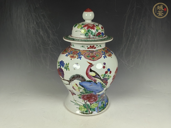 古玩陶瓷晚清洞石錦雞牡丹花卉蝴蝶紋粉彩將軍罐真品鑒賞圖