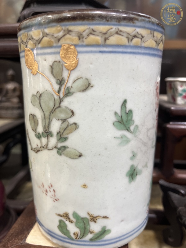 古玩陶瓷花鳥紋五彩筆筒真品鑒賞圖