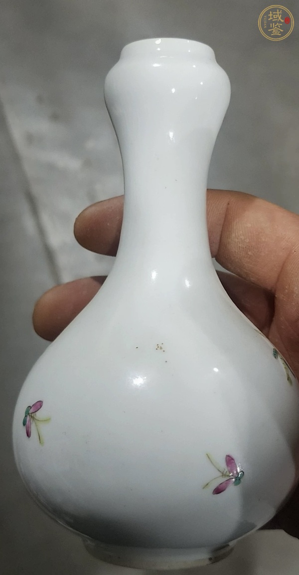 古玩陶瓷桃紋粉彩蒜頭瓶真品鑒賞圖
