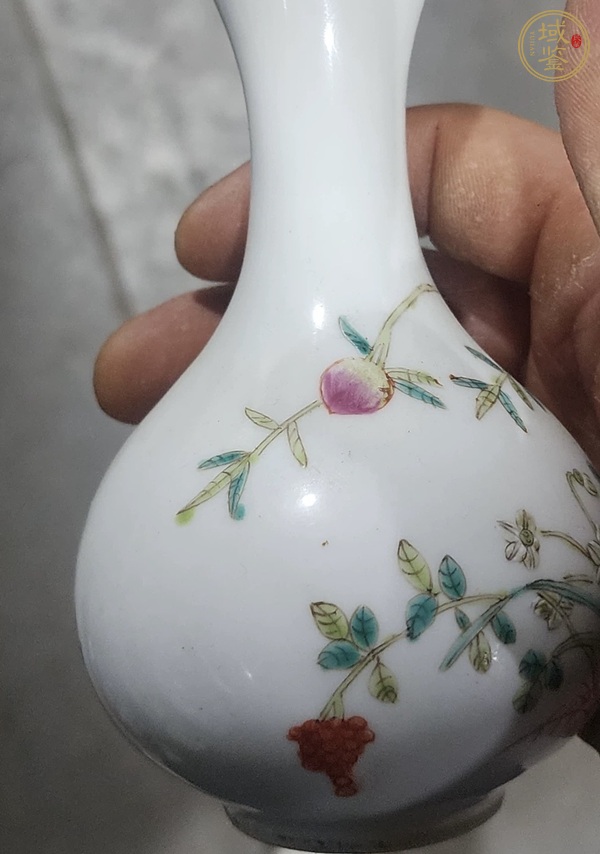 古玩陶瓷桃紋粉彩蒜頭瓶真品鑒賞圖