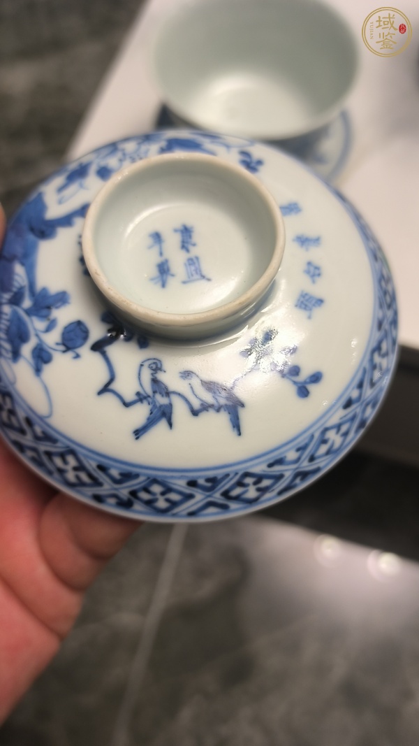 古玩陶瓷青花花鳥詩文蓋碗真品鑒賞圖