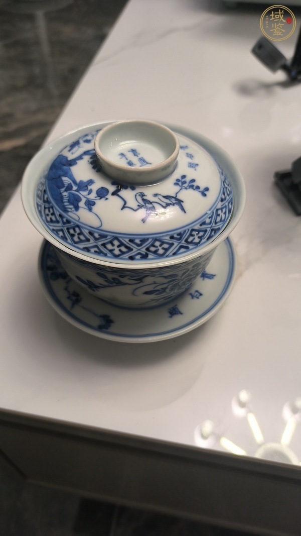 古玩陶瓷青花花鳥詩文蓋碗真品鑒賞圖