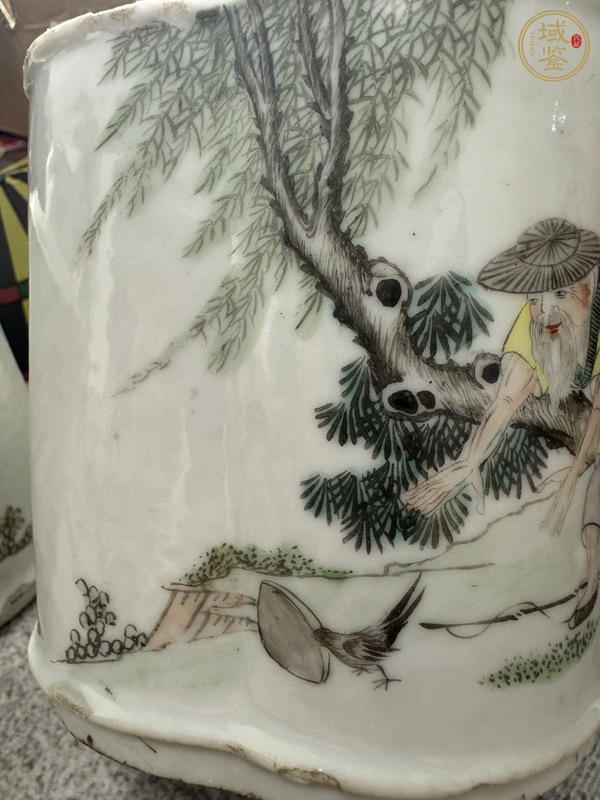 古玩陶瓷油粉彩漁翁得利圖茶葉罐真品鑒賞圖
