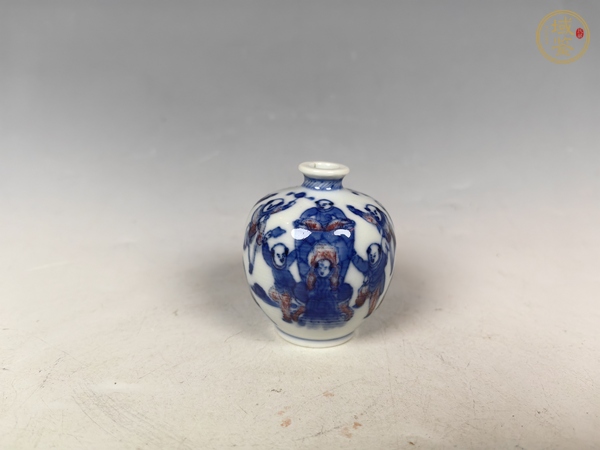 古玩清晚青花釉里紅司馬光砸缸嬰戲紋鼻煙壺真品鑒賞圖