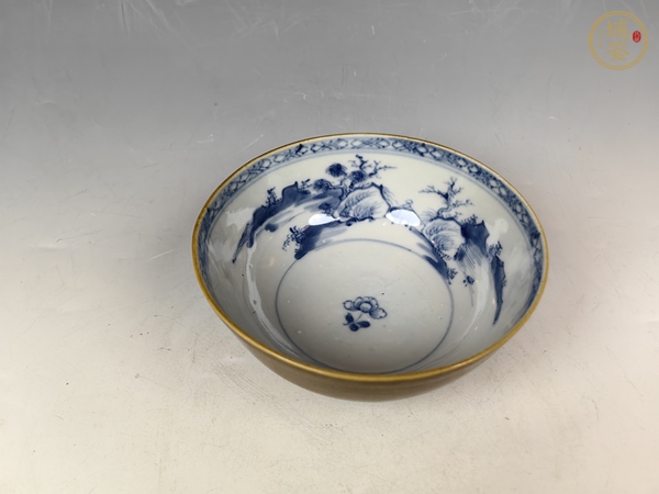 古玩陶瓷康熙醬釉內(nèi)青花風(fēng)景山水青花碗真品鑒賞圖