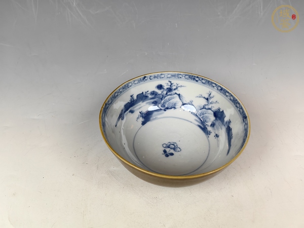 古玩陶瓷康熙醬釉內(nèi)青花風(fēng)景山水青花碗真品鑒賞圖