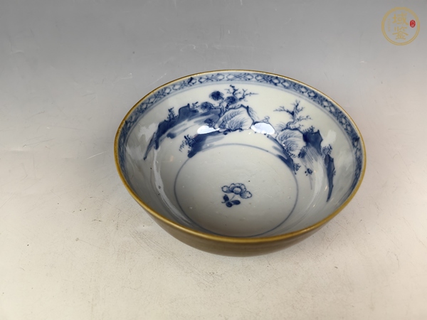 古玩陶瓷康熙醬釉內(nèi)青花風(fēng)景山水青花碗真品鑒賞圖
