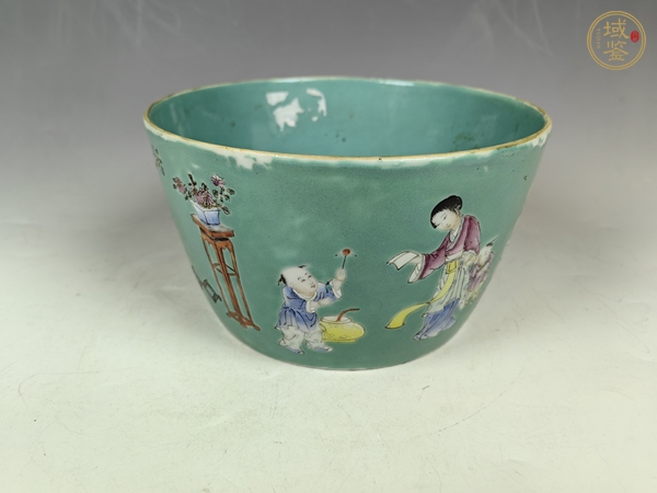 古玩陶瓷民國(guó)松石綠粉彩仕女?huà)霊蛴螆@文房水呈真品鑒賞圖