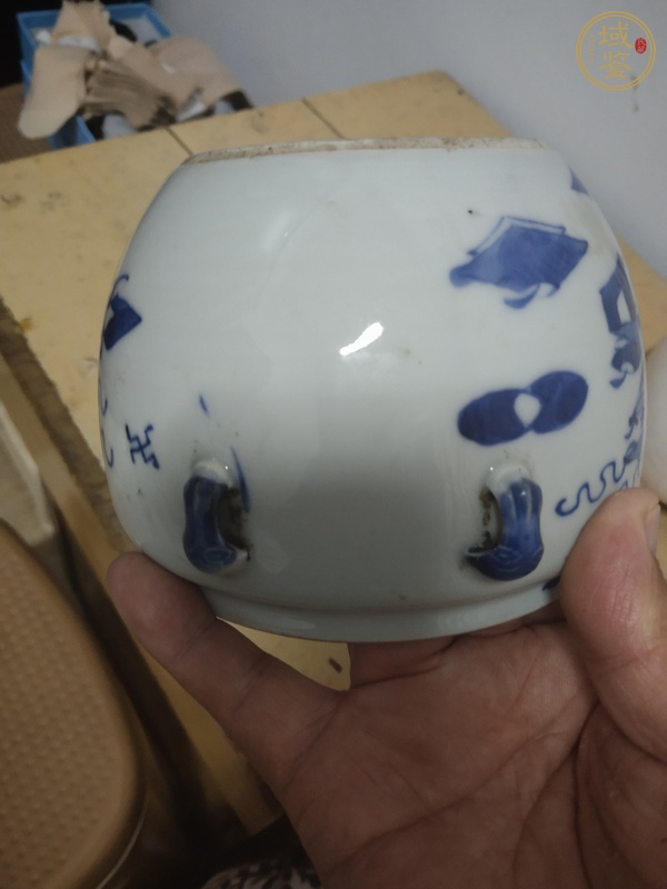 古玩青花博古花卉紋四系粥罐真品鑒賞圖