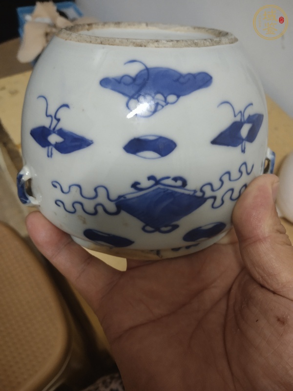 古玩陶瓷青花博古花卉紋四系粥罐真品鑒賞圖