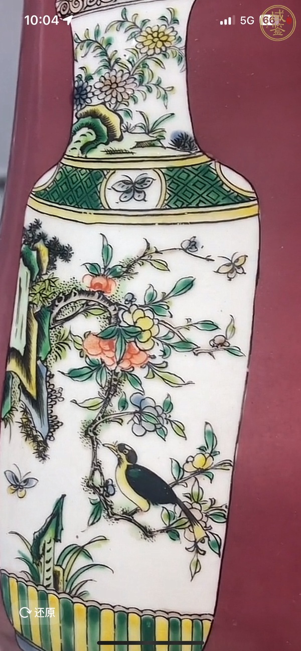 古玩陶瓷胭脂紅開光五彩花鳥紋琵琶尊真品鑒賞圖