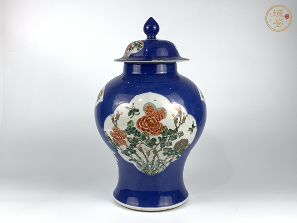 古玩陶瓷晚清期·灑藍(lán)開(kāi)窗五彩花卉紋將軍罐真品鑒賞圖
