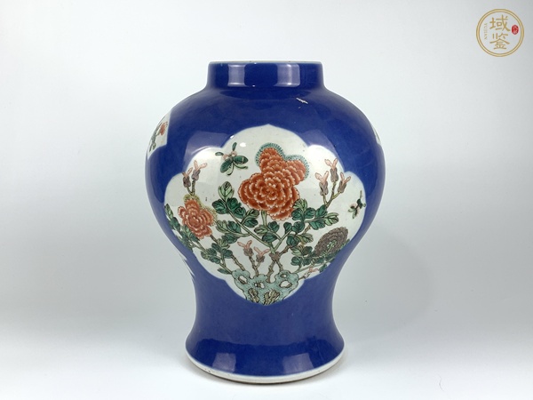 古玩陶瓷晚清期·灑藍(lán)開(kāi)窗五彩花卉紋將軍罐真品鑒賞圖