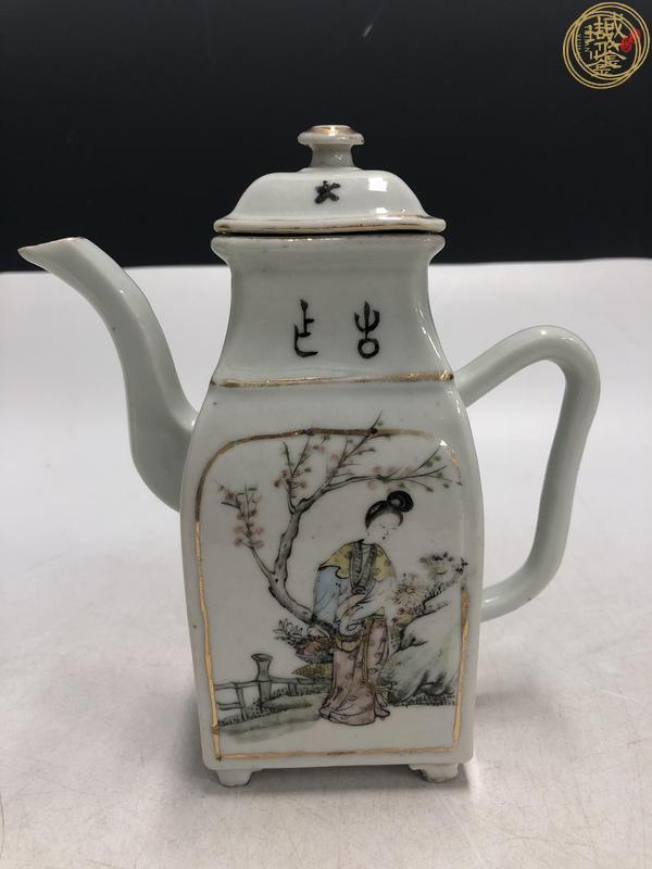古玩陶瓷民國(guó)粉彩桃花侍女方壺真品鑒賞圖