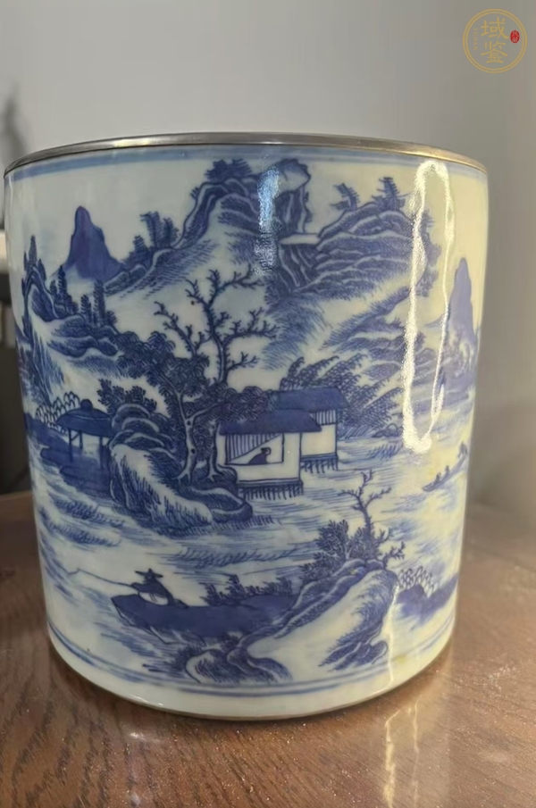 古玩陶瓷青花山水人物紋筆筒真品鑒賞圖