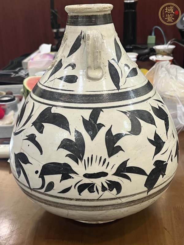 古玩陶瓷磁州窯白地黑花雙耳瓶真品鑒賞圖