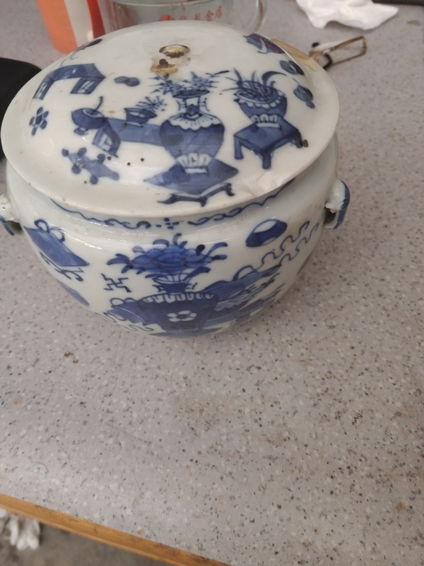 古玩陶瓷青花博古花卉紋四系粥罐有蓋子拍賣，當前價格1566元