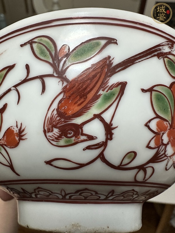 古玩陶瓷日本江戶紅綠彩花鳥紋碗真品鑒賞圖