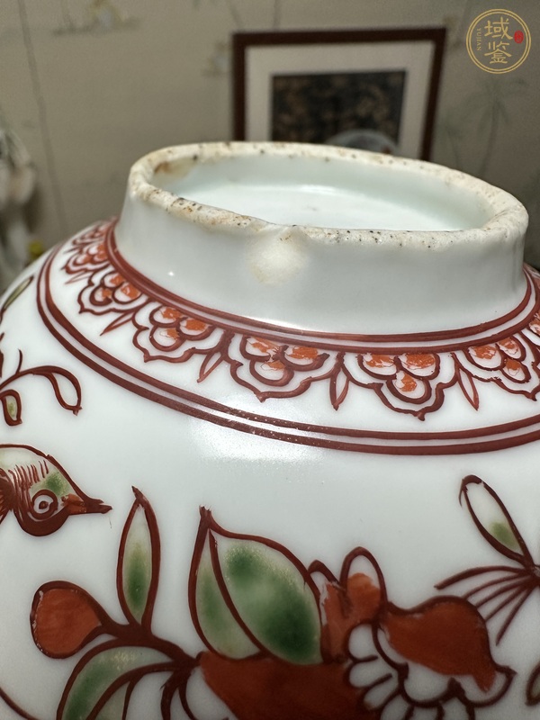 古玩陶瓷日本江戶紅綠彩花鳥紋碗真品鑒賞圖