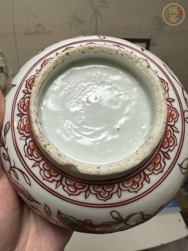 古玩陶瓷日本江戶紅綠彩花鳥紋碗真品鑒賞圖