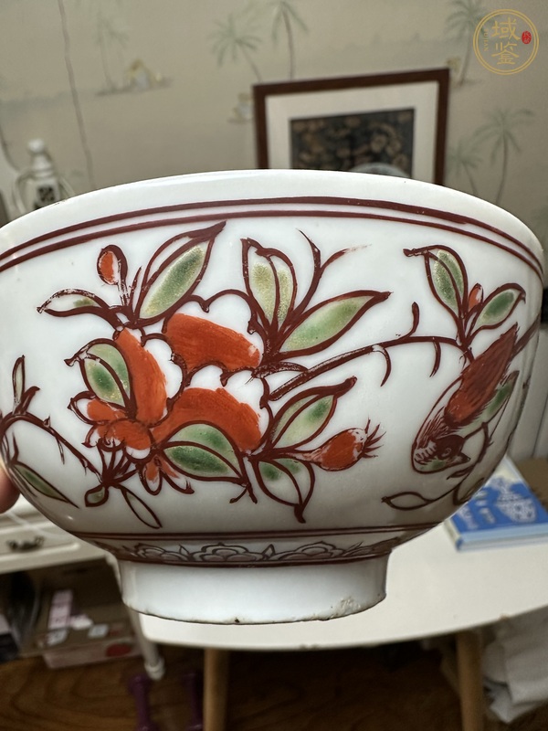 古玩陶瓷日本江戶紅綠彩花鳥紋碗真品鑒賞圖
