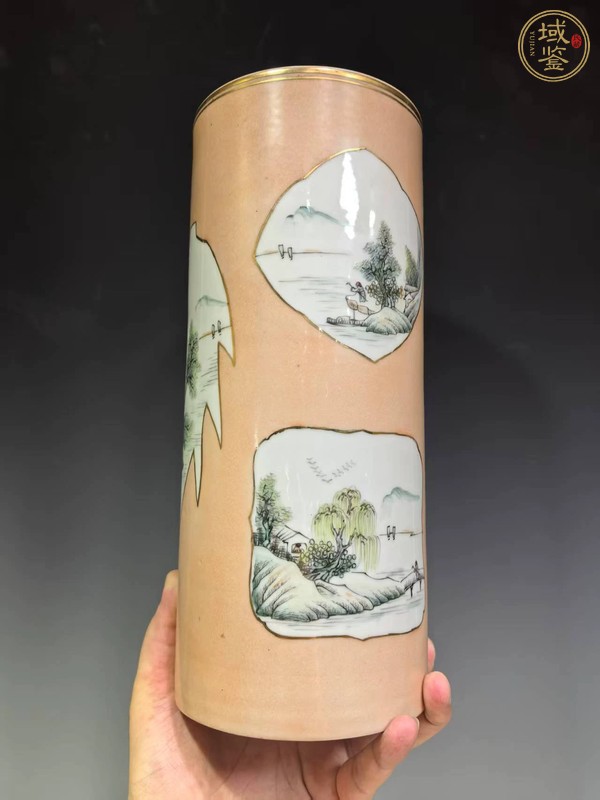 古玩陶瓷珊瑚紅開光淺絳彩帽筒真品鑒賞圖