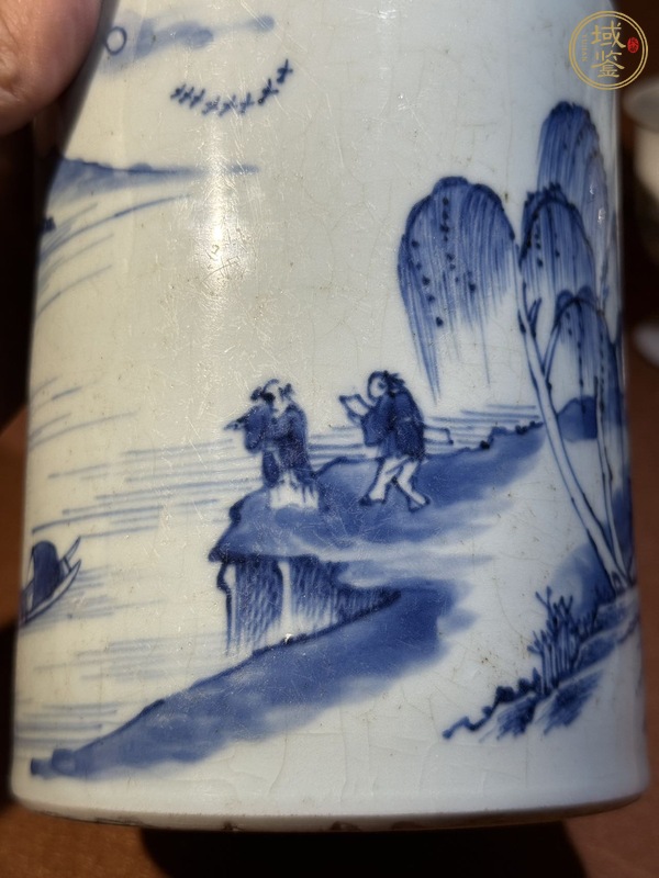 古玩陶瓷山水紋青花筆筒真品鑒賞圖