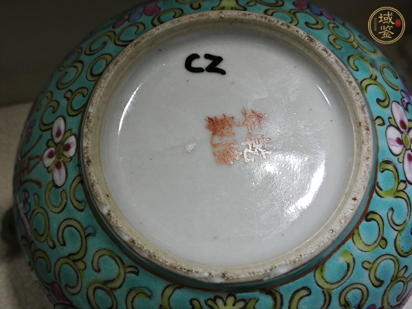 古玩陶瓷民國(guó)松石綠地寶相花茶具真品鑒賞圖